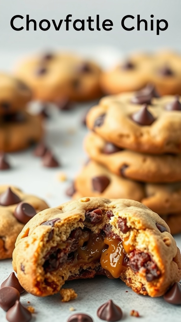 Delicious stuffed chocolate chip cookies with melted filling.