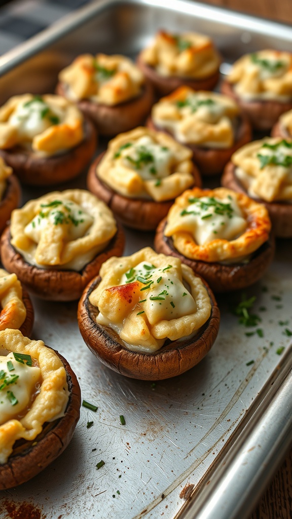 Stuffed mushrooms topped with cream cheese and herbs on a baking tray.