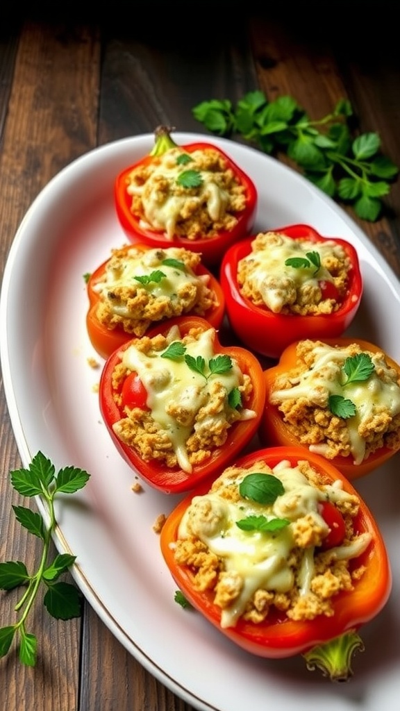 Stuffed peppers filled with ground chicken and topped with melted cheese