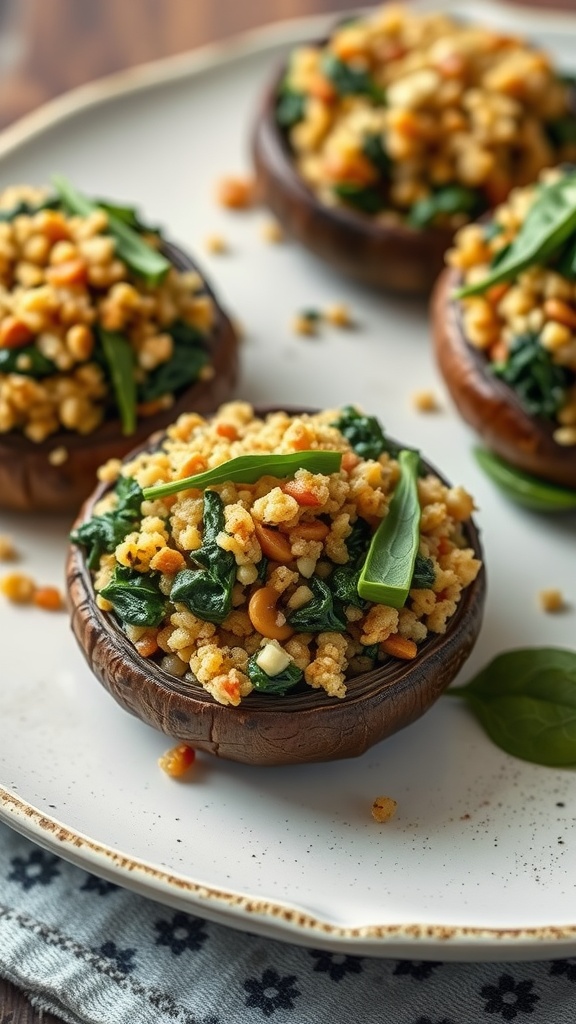 Stuffed portobello mushrooms filled with quinoa, spinach, and nuts.