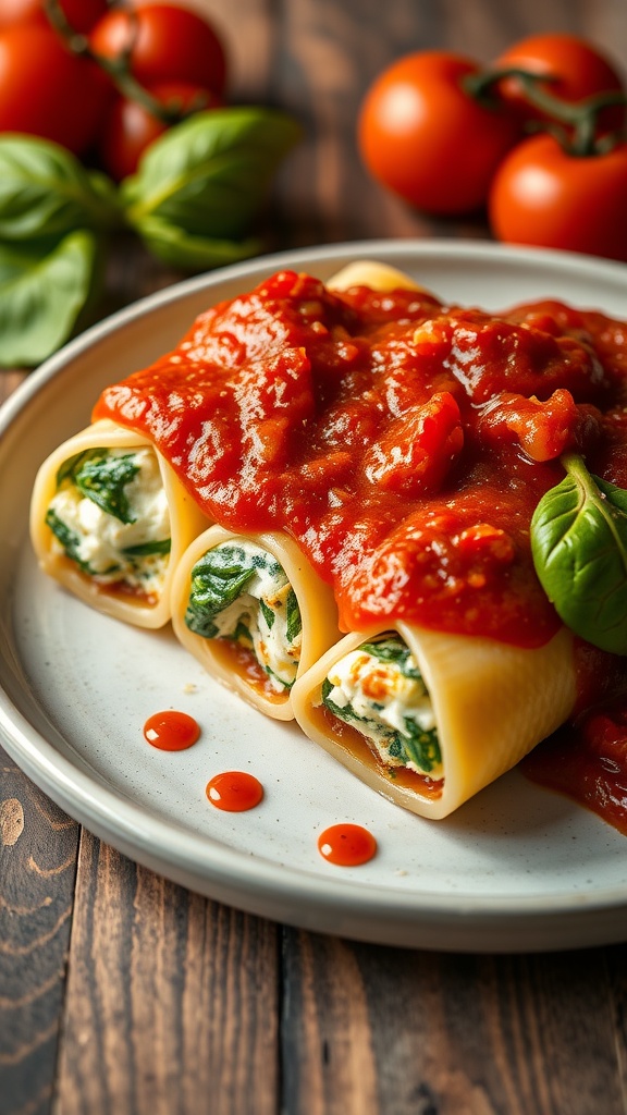 Plate of stuffed pasta shells filled with ricotta and spinach topped with marinara sauce.