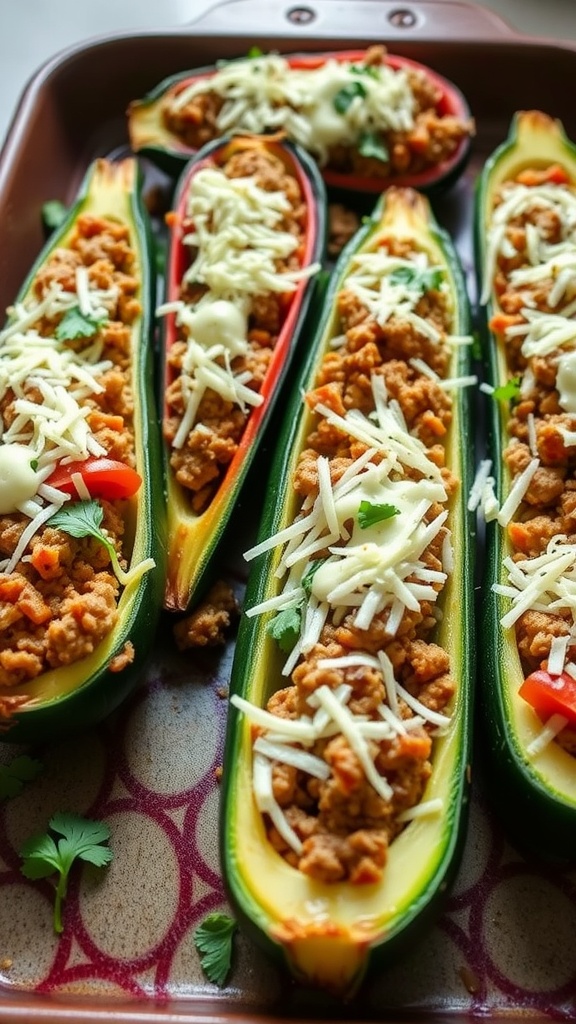 Stuffed zucchini boats filled with ground meat and topped with cheese.