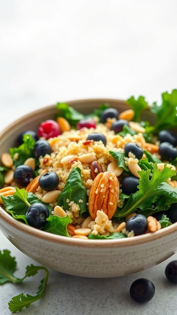 Superfood salad with kale, quinoa, nuts, and berries.