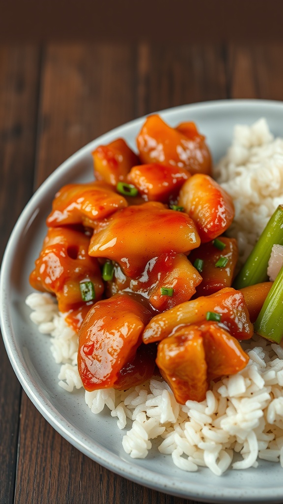 Plate of sweet and sour chicken served with rice and vegetables