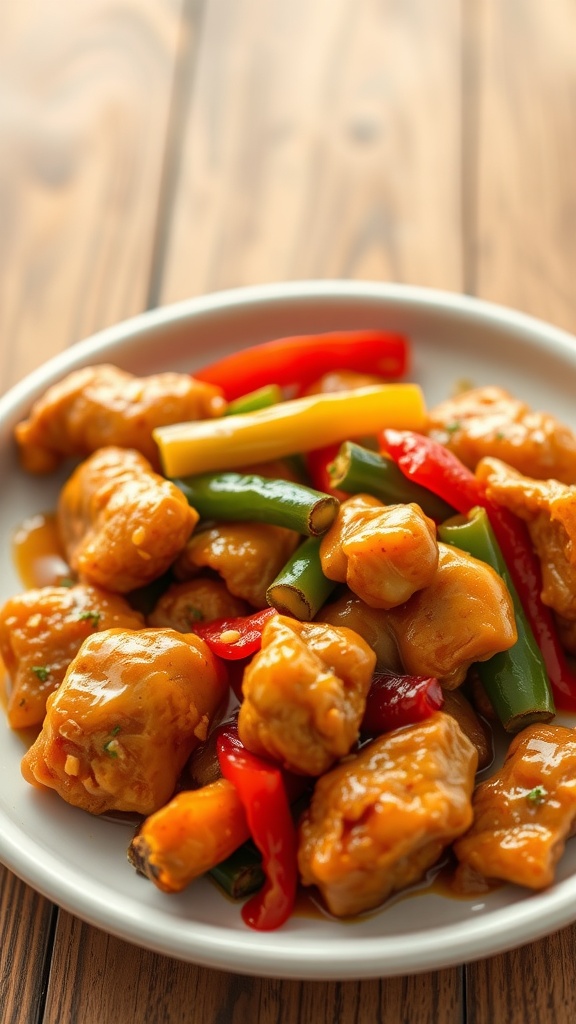 Plate of sweet and sour chicken with colorful bell peppers and pineapple.