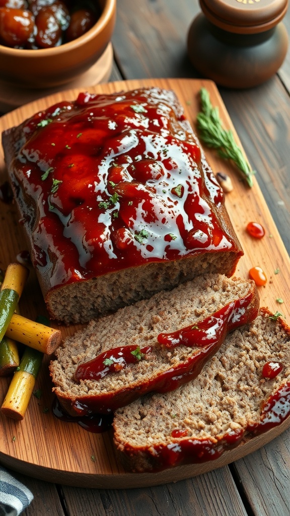 A delicious meatloaf with a sweet and sour glaze, sliced and served on a wooden board.