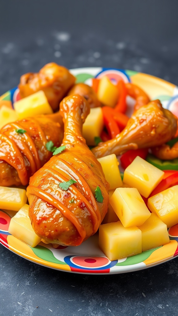 Sweet and Sour Pineapple Chicken Drumsticks with pineapple chunks and bell peppers