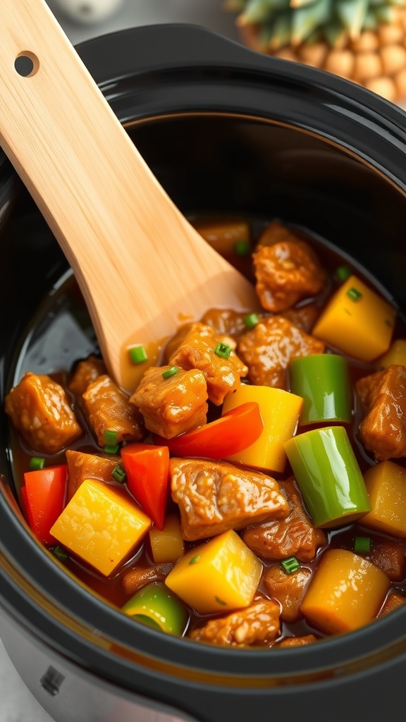 A bowl of sweet and sour pork with colorful vegetables and a glossy sauce