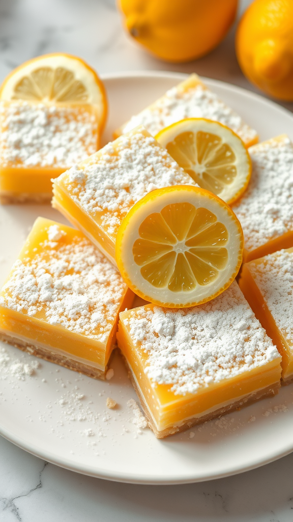 Delicious lemon bars garnished with lemon slices and powdered sugar.