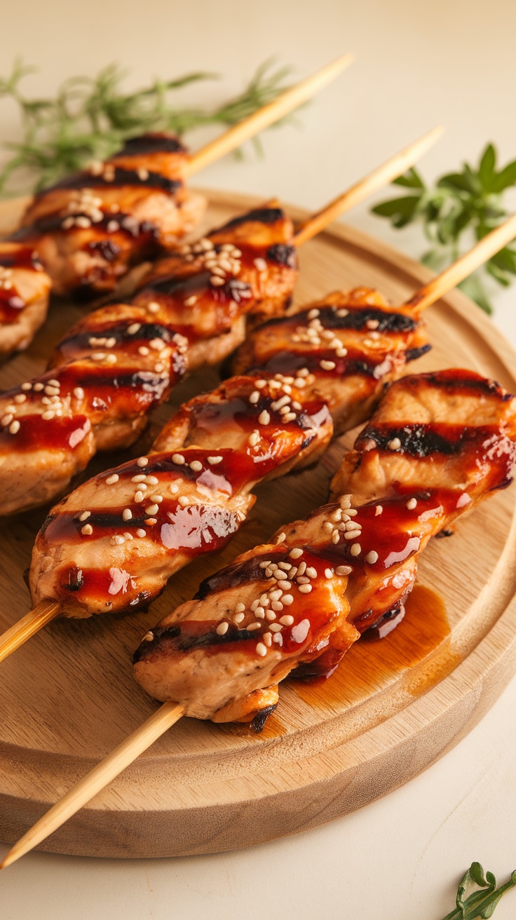 A plate of grilled chicken skewers drizzled with teriyaki sauce and sprinkled with sesame seeds.