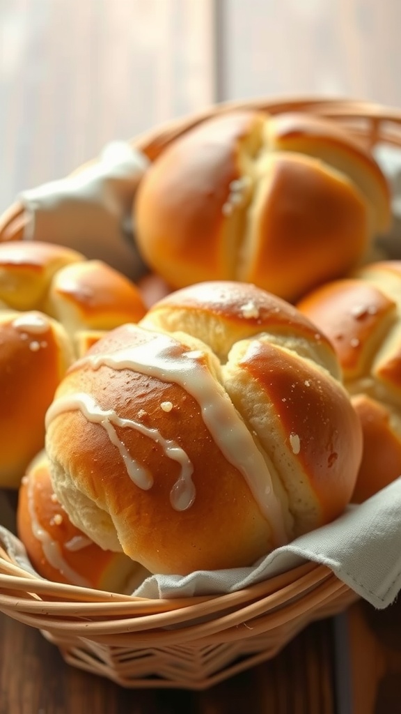 A basket of freshly baked sweet brioche rolls drizzled with icing.