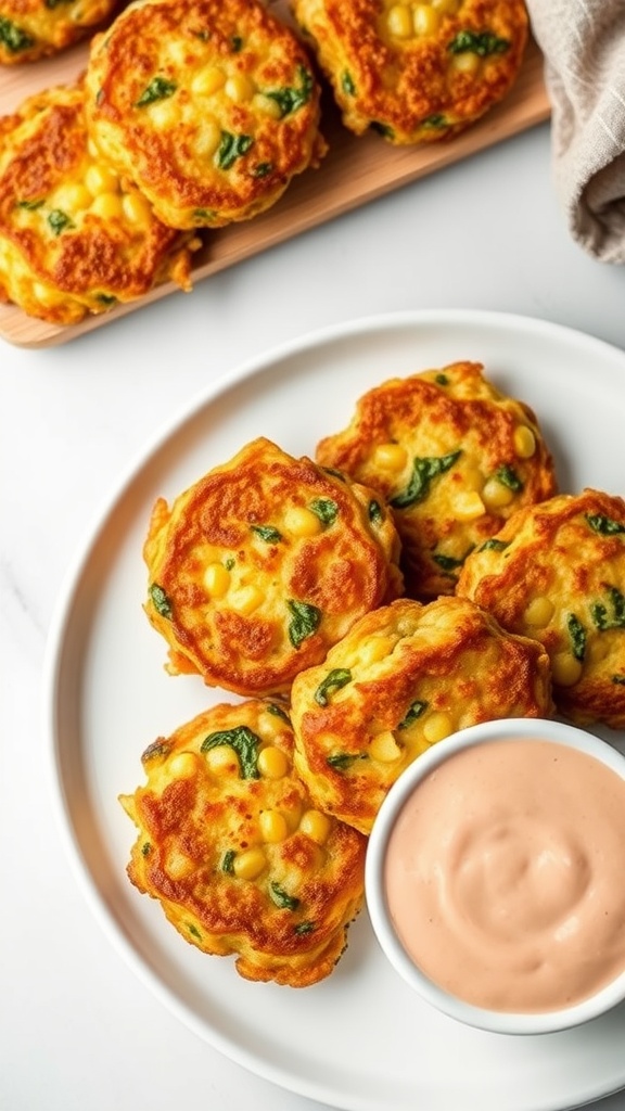 Plate of sweet corn and spinach fritters with dipping sauce