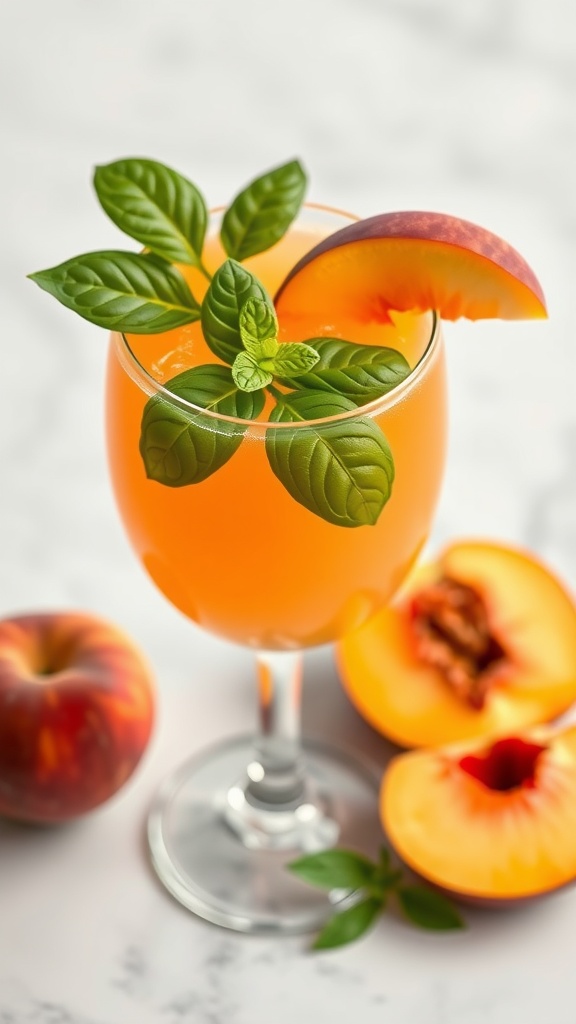 A refreshing Sweet Peach and Basil Elixir in a glass, garnished with fresh basil and a slice of peach.