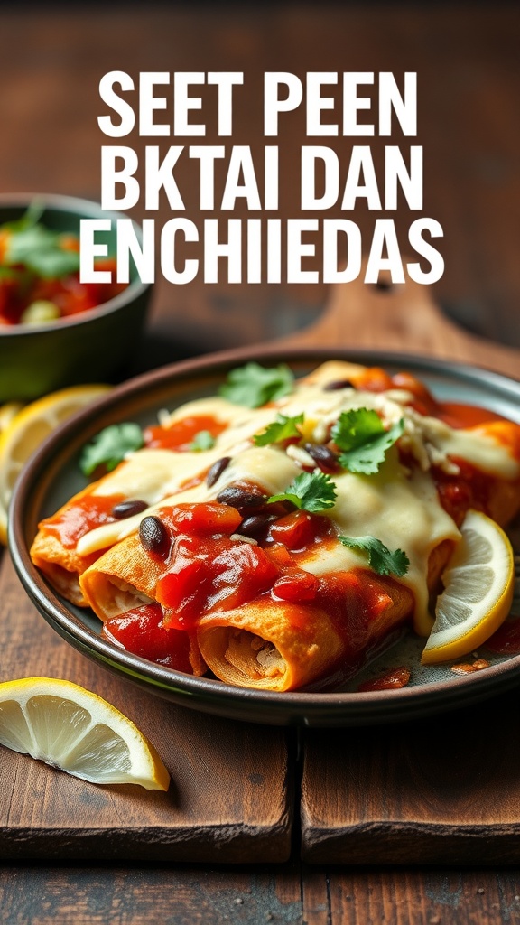 Delicious sweet potato and black bean enchiladas topped with cheese and sauce