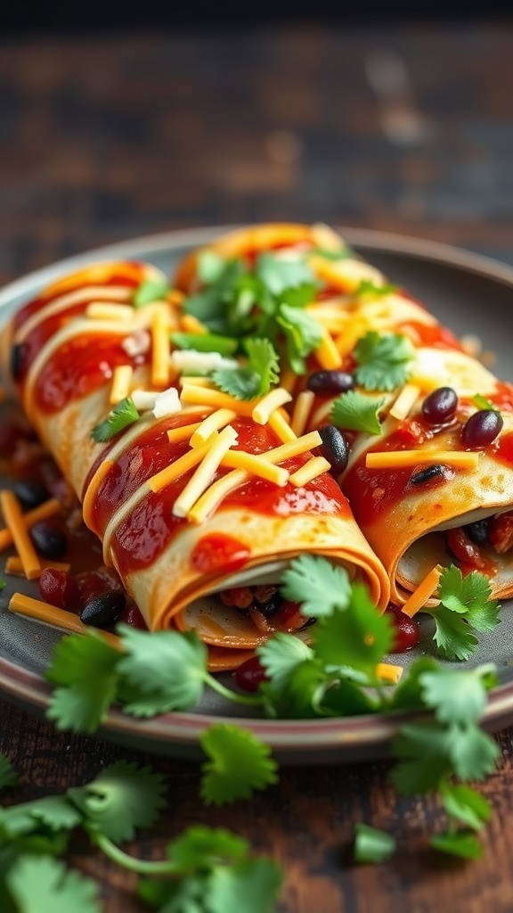 Sweet Potato and Black Bean Enchiladas with cheese and cilantro on a plate