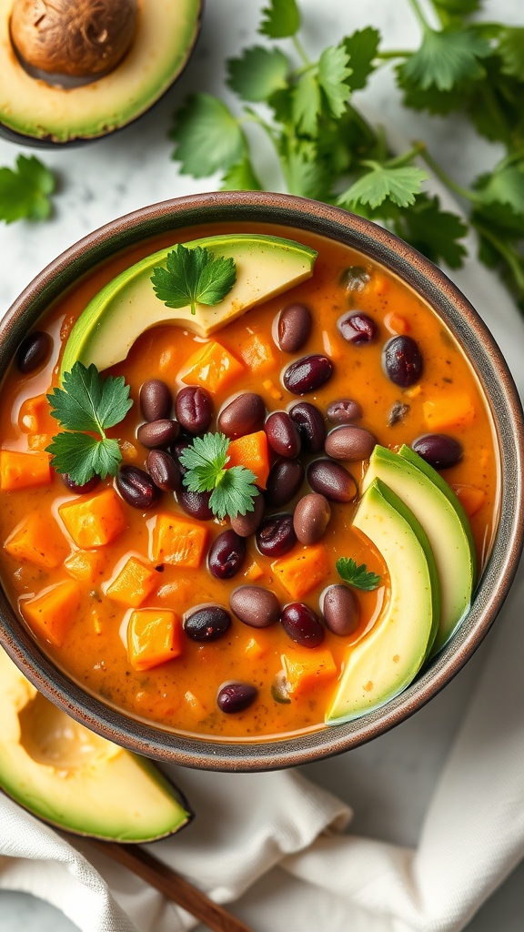 A bowl of Sweet Potato and Black Bean Soup garnished with avocado and cilantro.