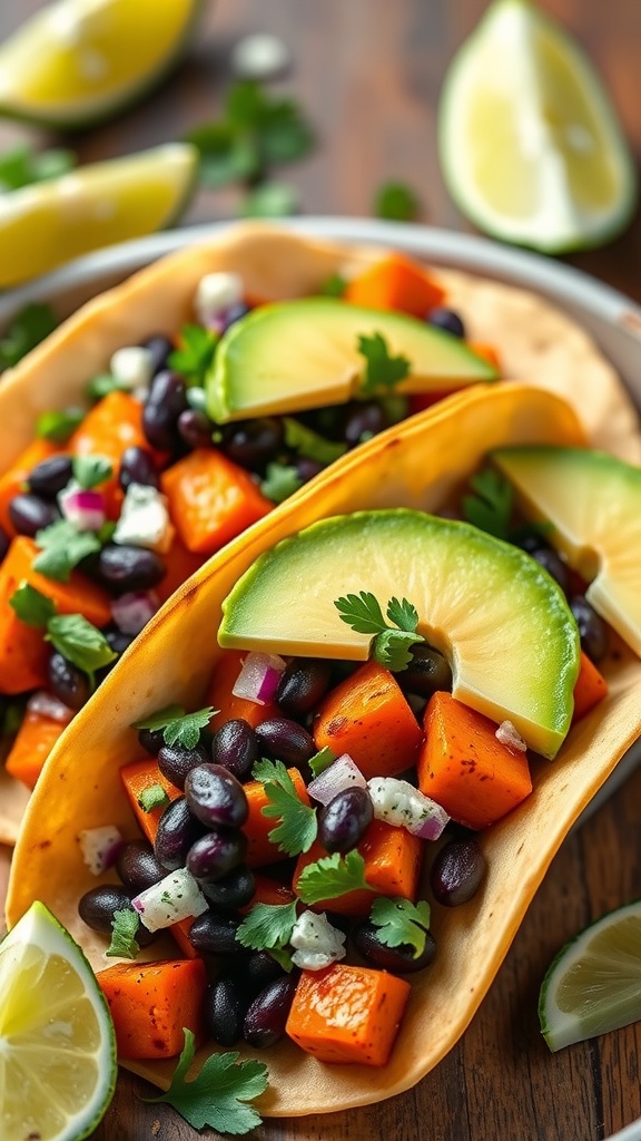 Sweet Potato and Black Bean Tacos with lime and cilantro