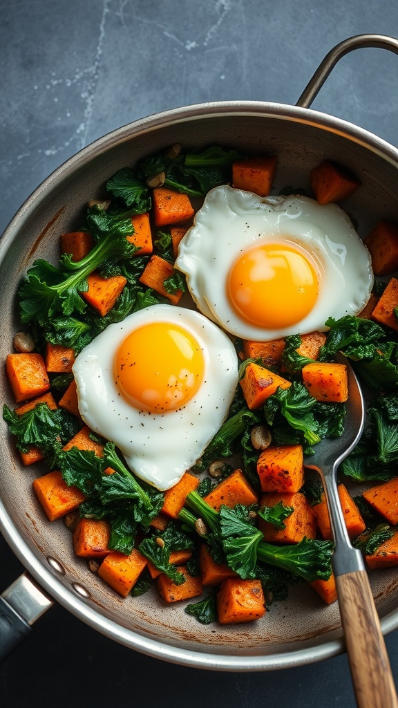 A delicious Sweet Potato and Kale Hash with fried eggs.