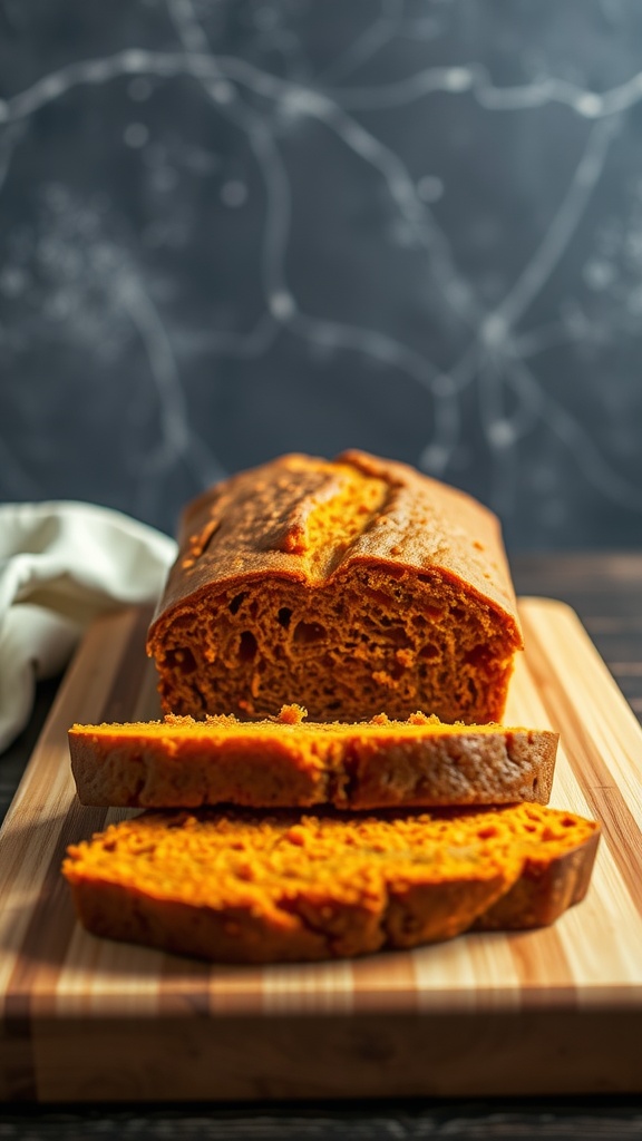Loaf of sweet potato bread sliced on a wooden cutting board