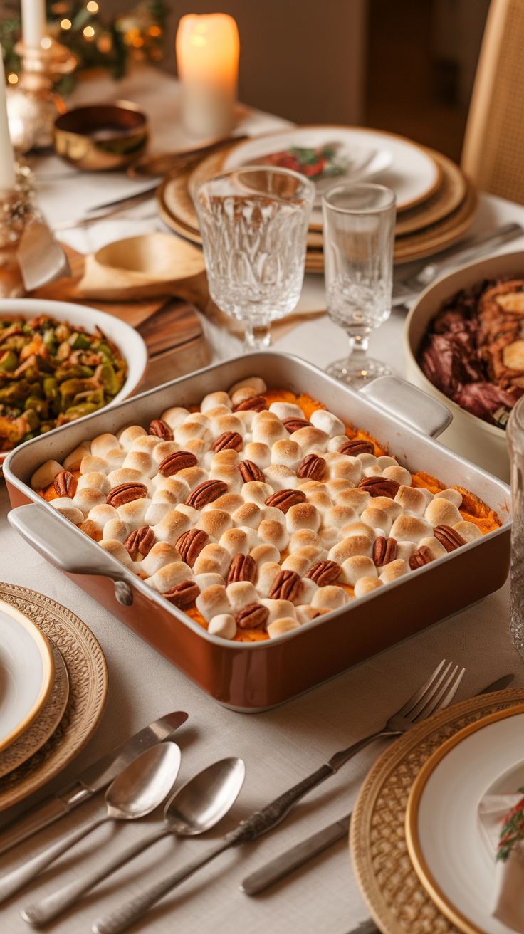 A beautifully presented sweet potato casserole topped with marshmallows and pecans, surrounded by elegant table settings.