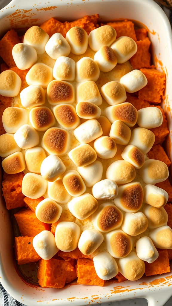 A delicious sweet potato casserole topped with golden brown marshmallows.