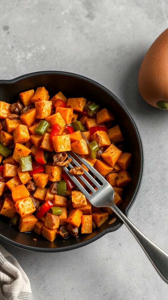 A delicious sweet potato hash with bell peppers in a skillet.