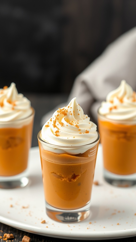 Sweet Potato Pie Shooters in small cups topped with whipped cream and spices.