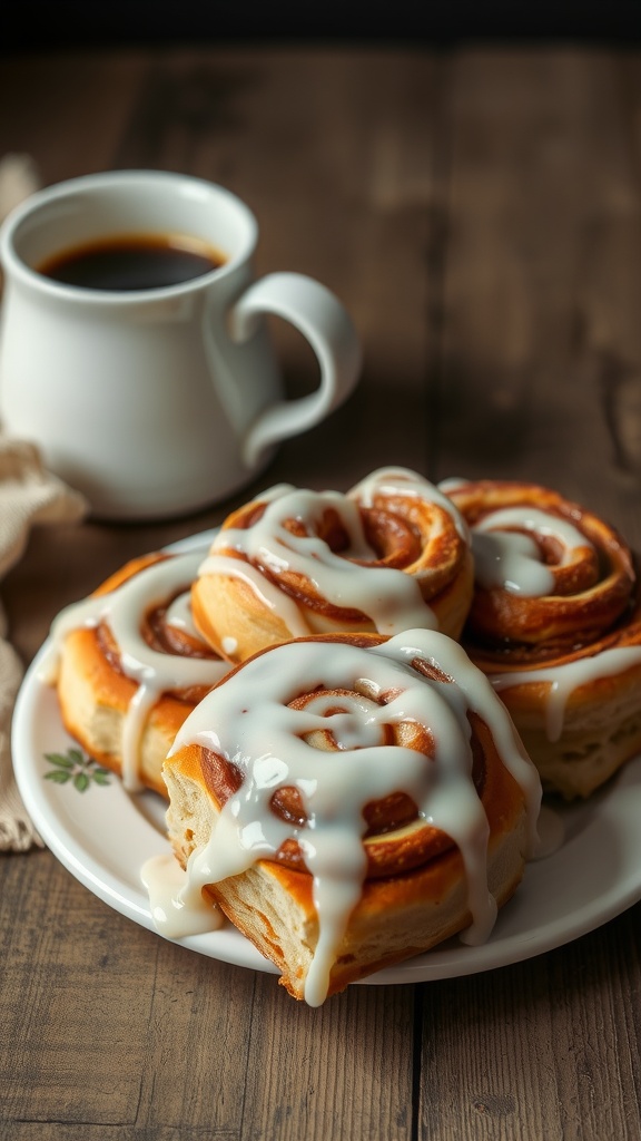 Delicious sweet rolls drizzled with icing, served on a plate with a cup of coffee.