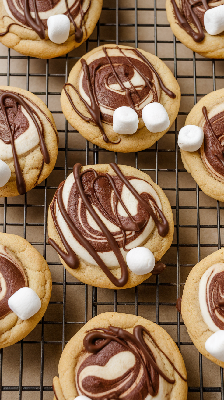 A close-up of swirly chocolate marshmallow cookies on a cooling rack.