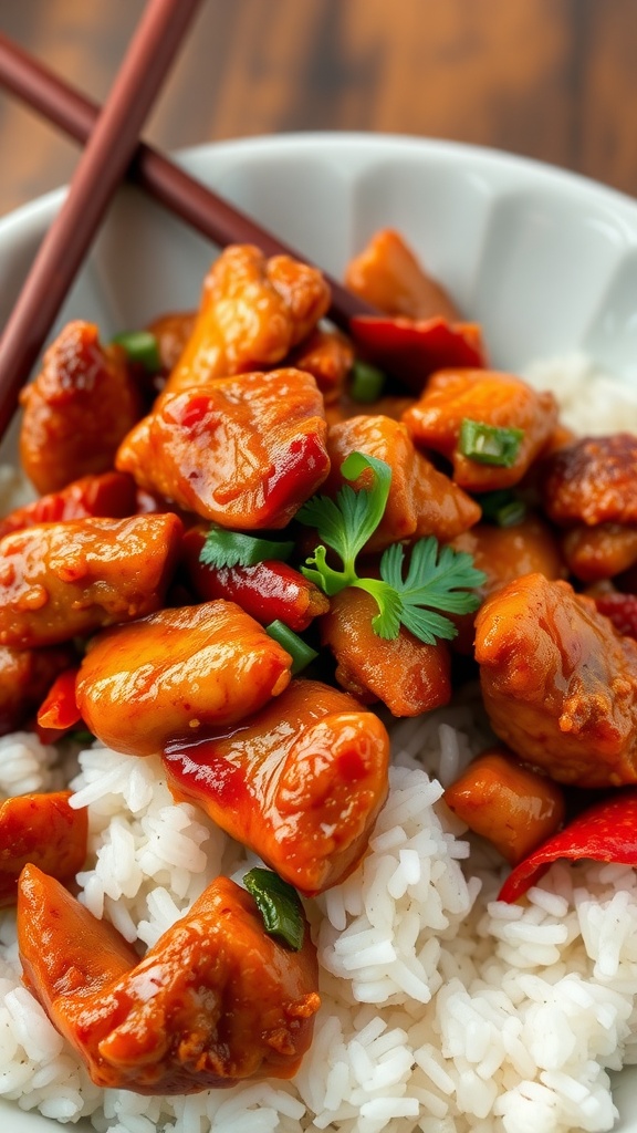 A bowl of Szechuan Chicken served over rice with colorful peppers and green onions.