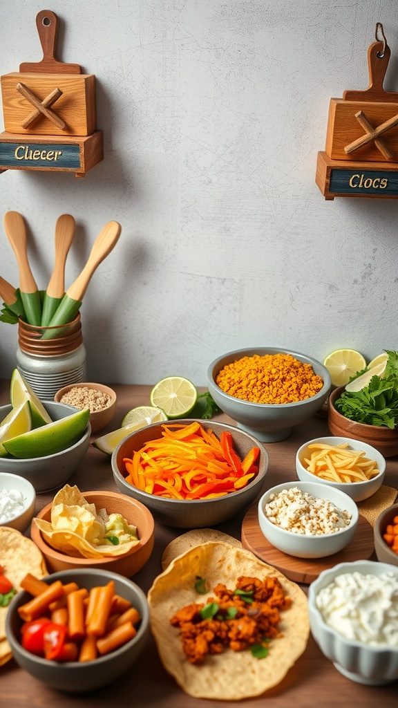 A setup for taco night with assorted fillings and toppings