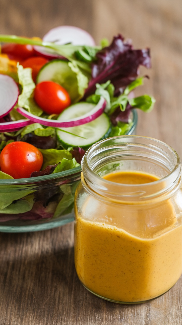 A jar of tangy honey mustard dressing next to a fresh salad.