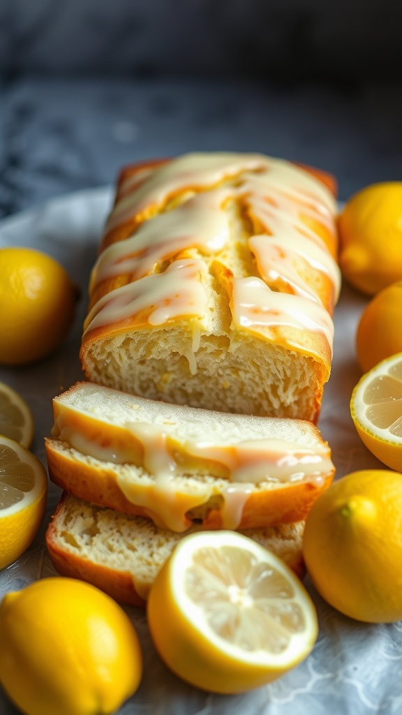 Deliciously glazed lemon bread with fresh lemons around it