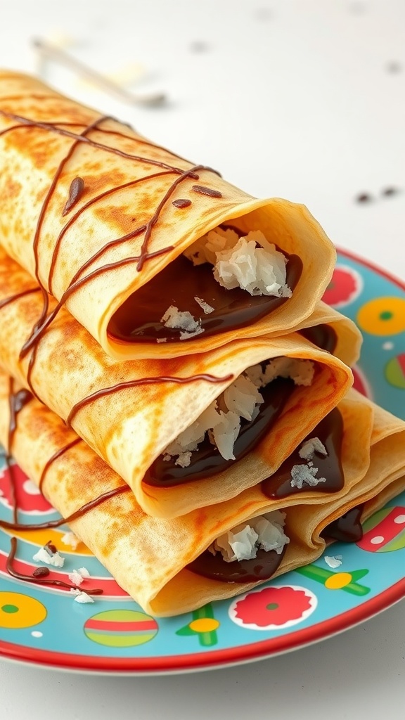 Delicious Brazilian tapioca crepes filled with chocolate and coconut.