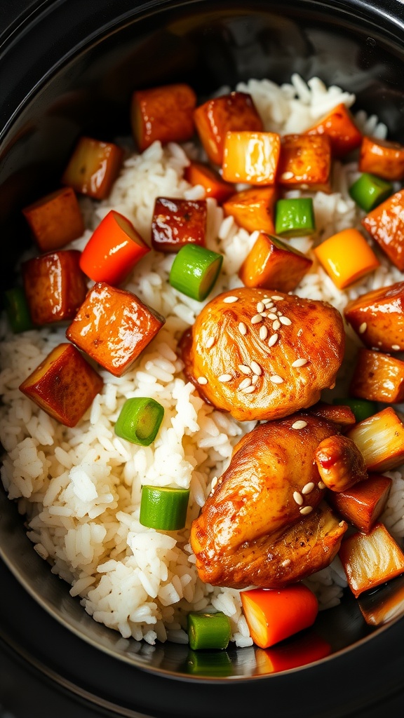 A delicious serving of Teriyaki Chicken and Rice with colorful vegetables