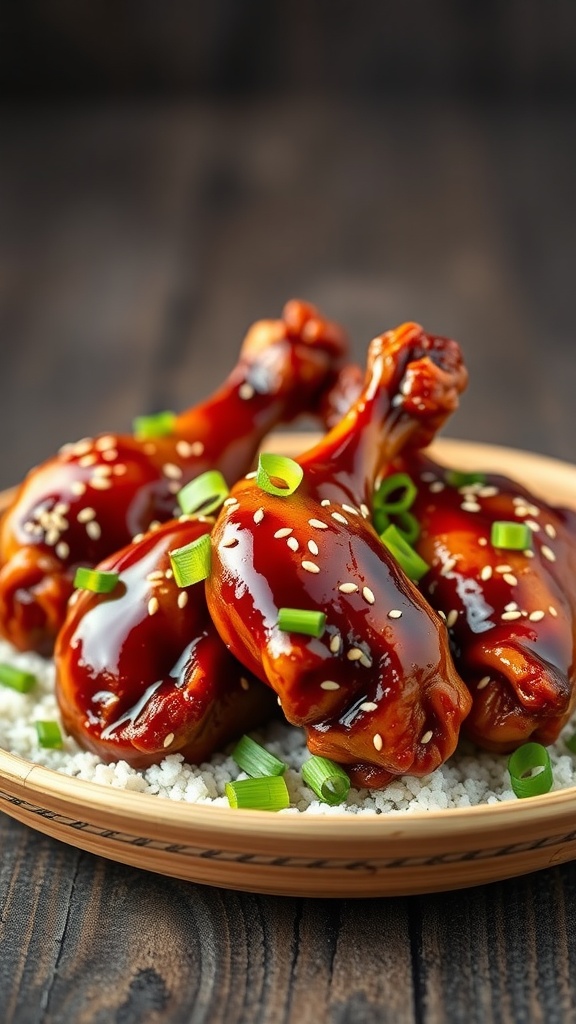 Delicious Teriyaki Chicken Legs topped with sesame seeds and green onions.