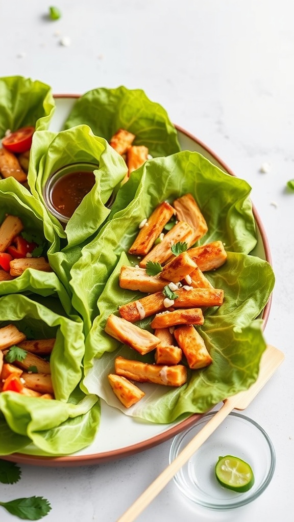 Delicious teriyaki chicken lettuce wraps with chicken, vegetables, and sauce