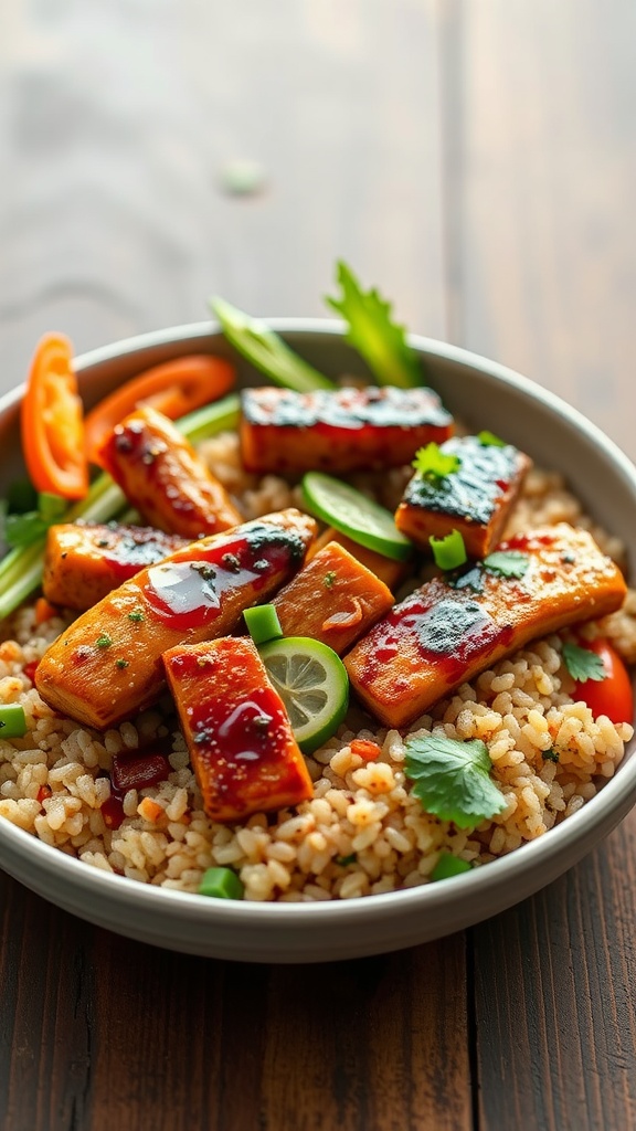 Teriyaki chicken served over quinoa with colorful vegetables