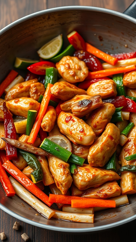 A colorful teriyaki chicken stir-fry featuring pieces of chicken, bell peppers, and green onions in a savory sauce.