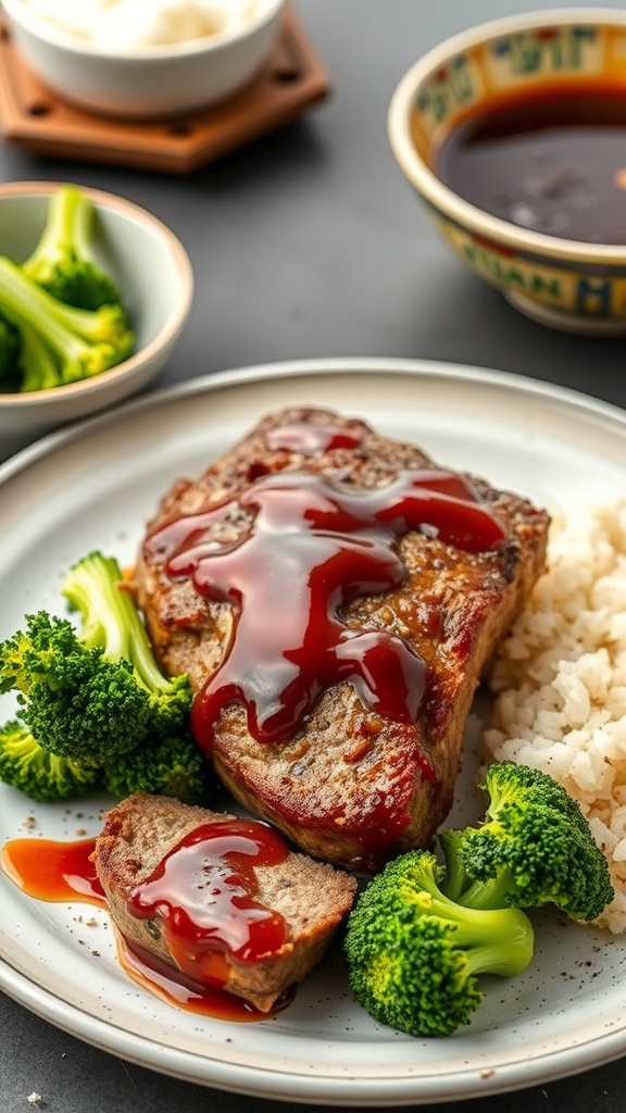 A delicious serving of teriyaki glazed meatloaf with broccoli and rice.