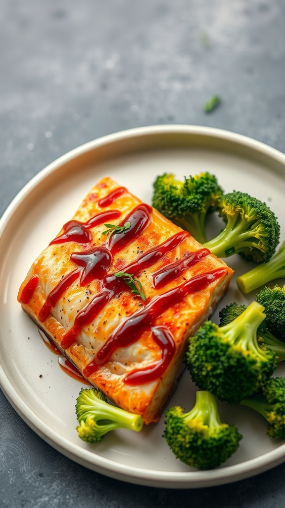 A plate with teriyaki salmon drizzled with sauce and served with broccoli.