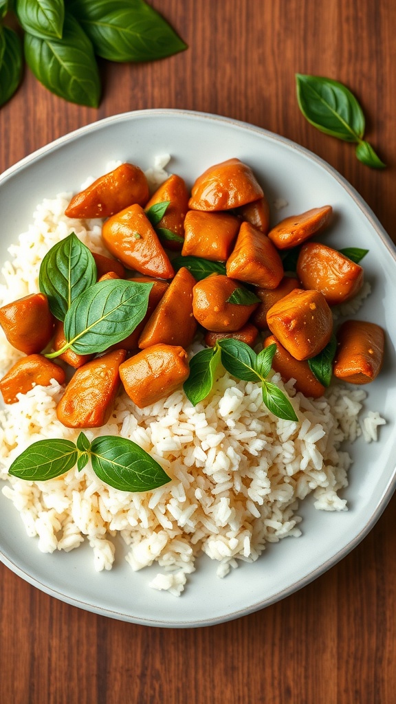 Plate of Thai Basil Chicken served with rice and fresh basil leaves