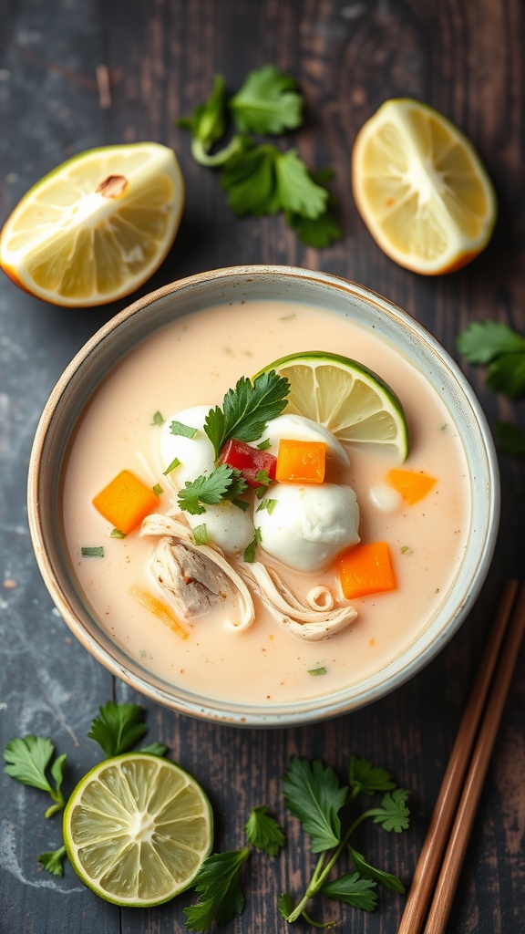 A bowl of Thai Coconut Chicken Soup with cilantro and lime slices.