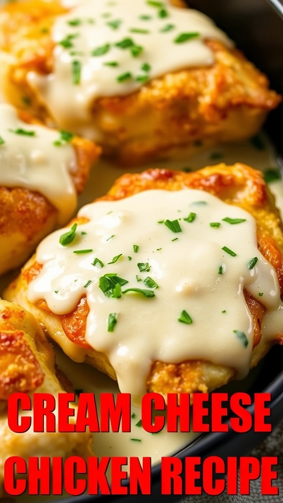 Baked chicken breast topped with garlic cream cheese, garnished with chives, served with roasted vegetables.