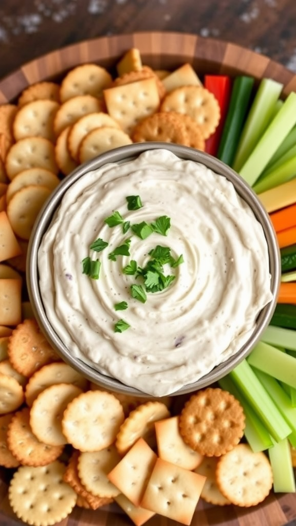 Creamy Dirty Martini Dip in a bowl with crackers and vegetable sticks on a wooden platter.