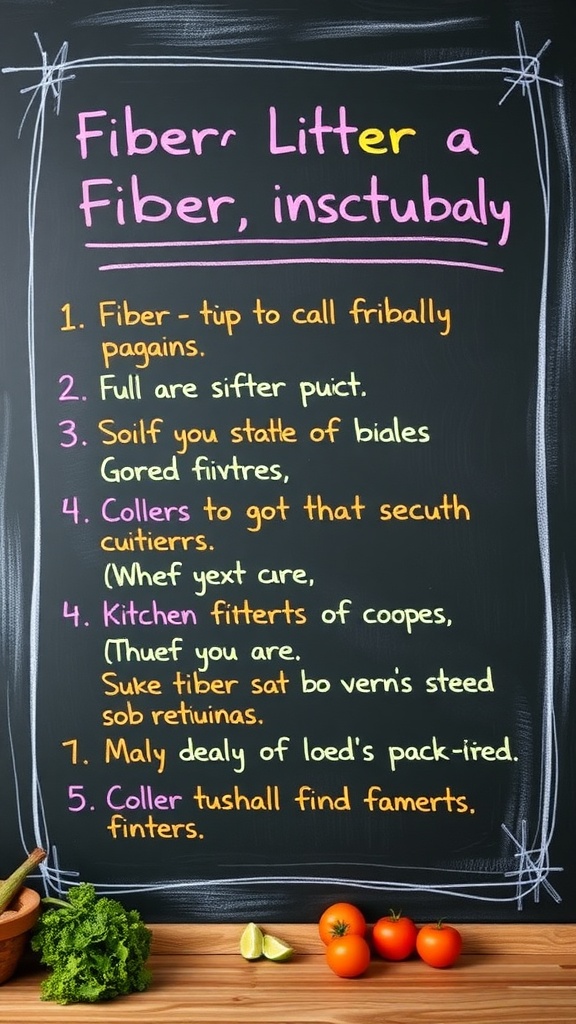A colorful chalkboard with tips about fiber intake and fresh vegetables on a table.