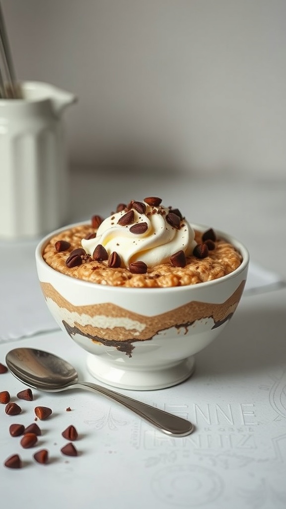 A bowl of Tiramisu Oatmeal topped with whipped cream and chocolate shavings.