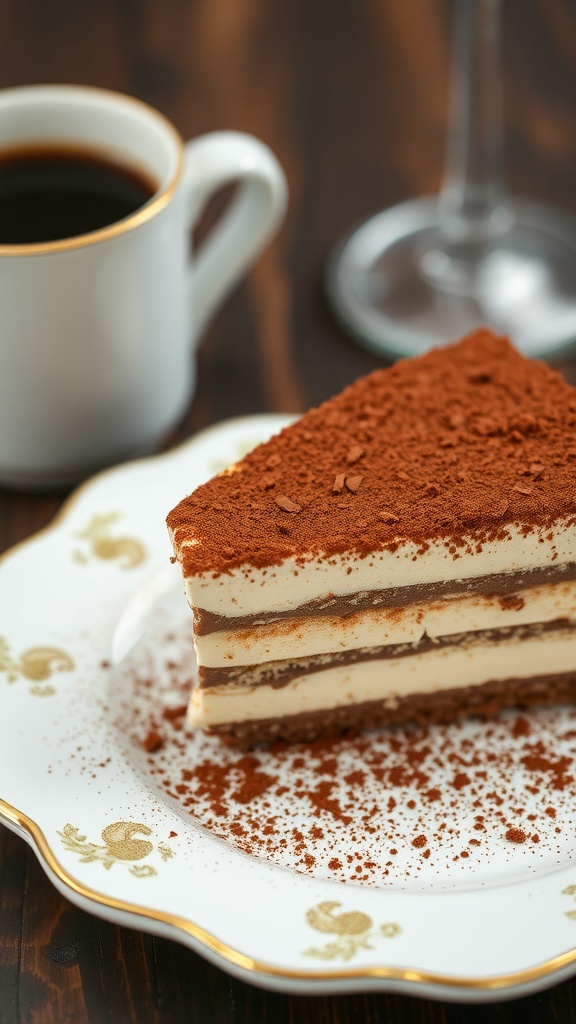 A slice of tiramisu with cocoa dusting on a decorative plate next to a cup of coffee.