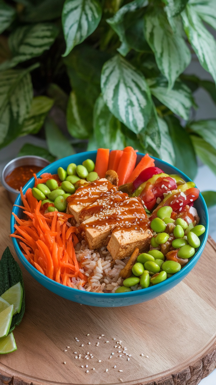 A nutritious Tofu and Brown Rice Buddha Bowl filled with colorful vegetables and topped with a drizzle of sauce.