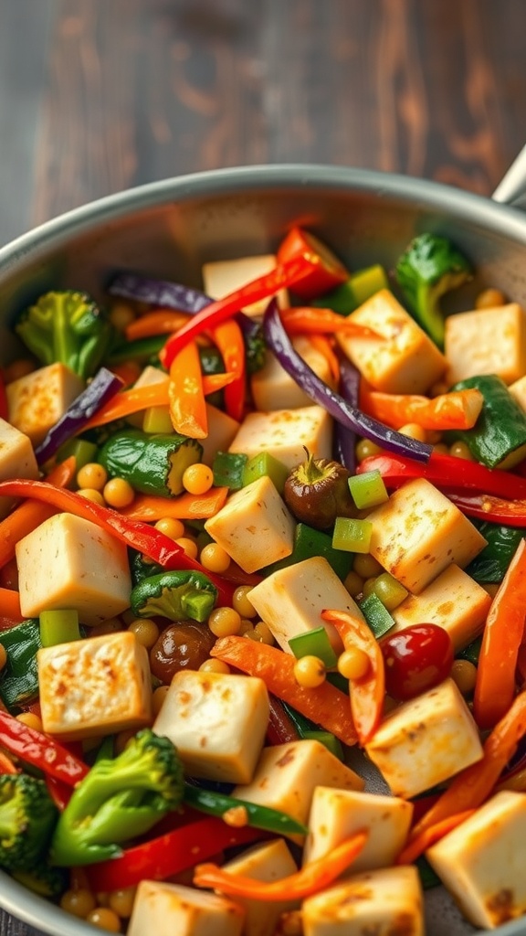 A vibrant tofu stir-fry with colorful vegetables.